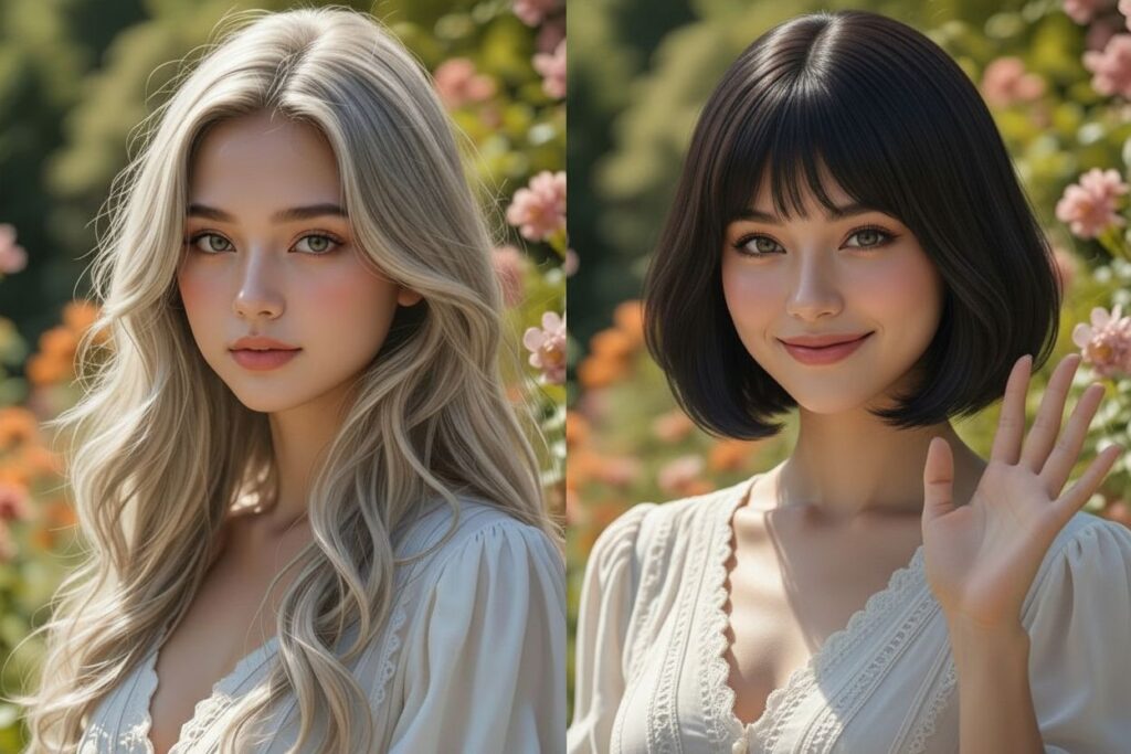 A woman creates a talking video after completing her hair transformation.