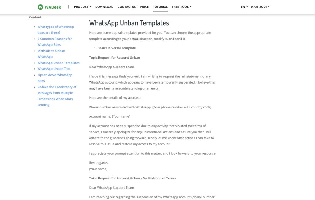 WhatsApp unblock appeal email