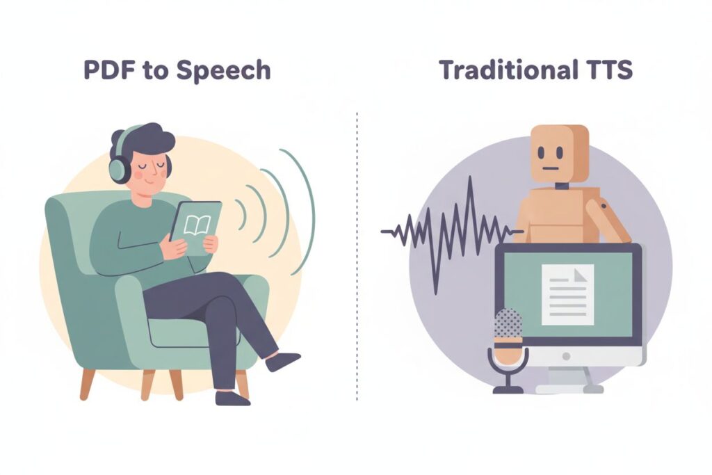 Comparison between PDF to audio learning and traditional text to speech tools