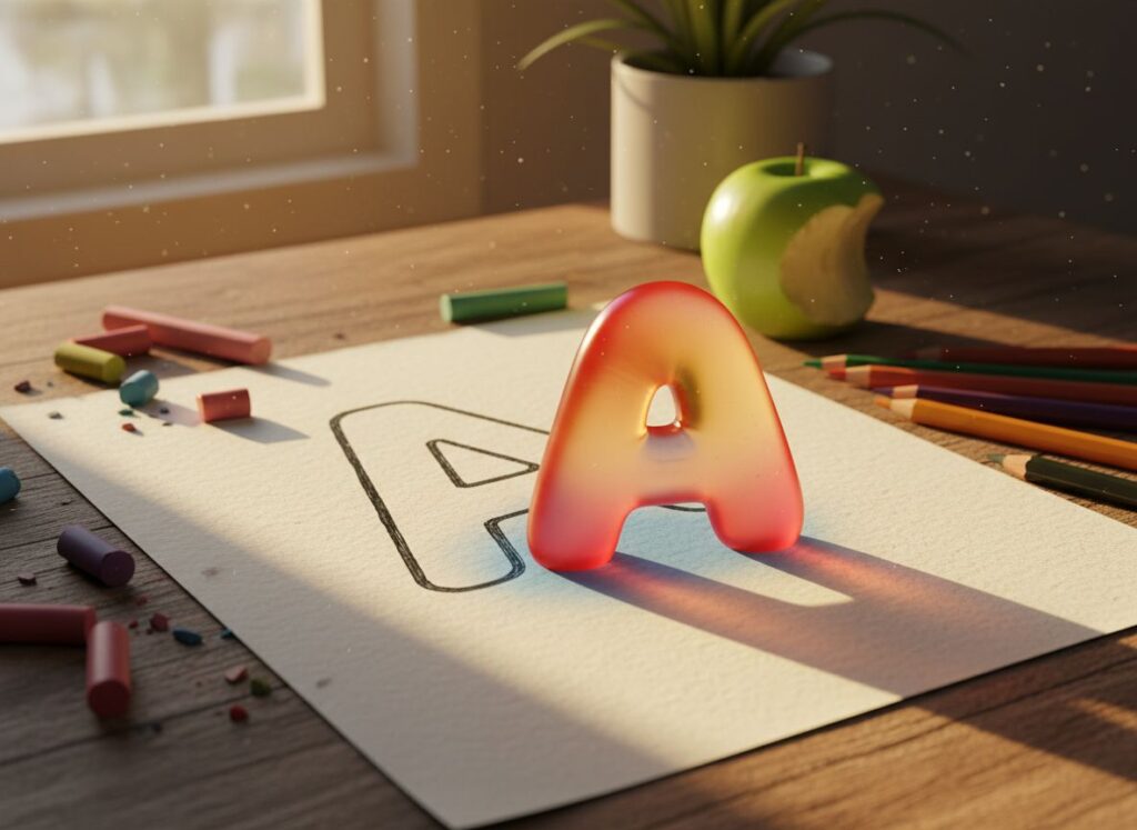 3D bubble letter 'A' coming to life on a designer's desk.