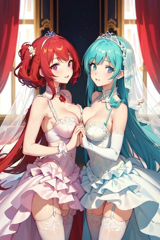Two anime girls in wedding dresses