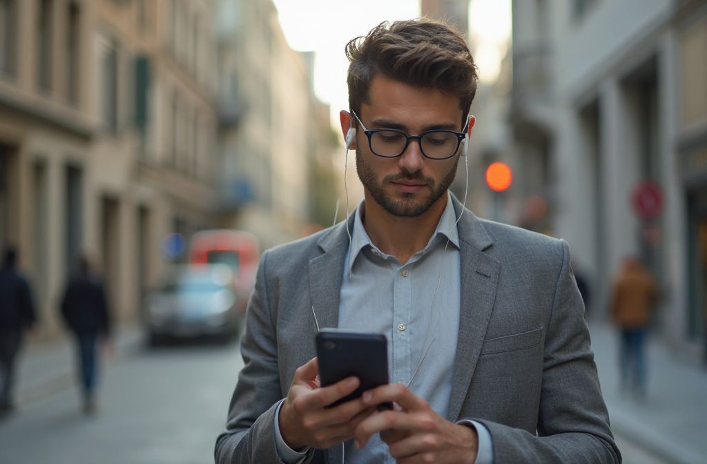 A overseas marketer is listening to study  audio during a city commute

