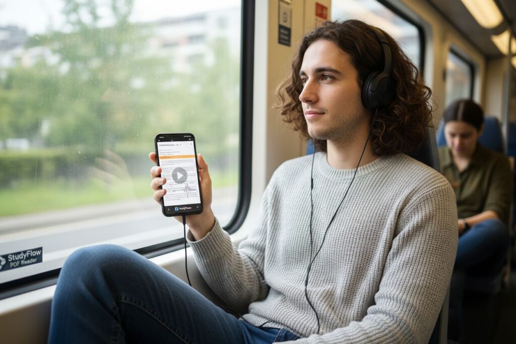 A man is listening to study audio on a bus 