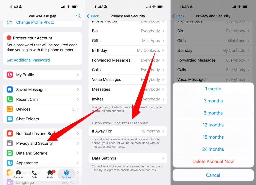 Delete Telegram account on APP
