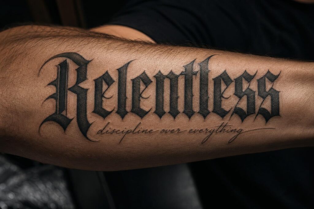 Gothic blackletter tattoo paired with fine-line cursive script on forearm