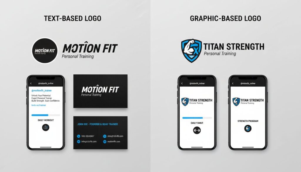 Text-based and graphic-based professional gym logo examples for personal trainers on mockups