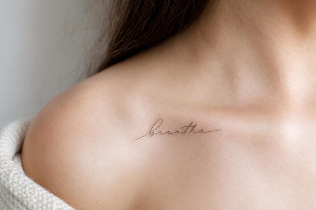 Minimalist fine line cursive tattoo on collarbone with hairline script lettering