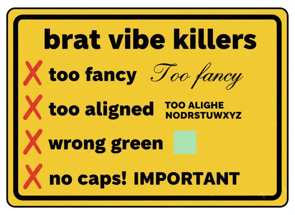 Warning infographic listing four common mistakes of brat font