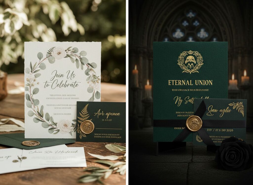 DIY wedding invitation font pairing for Boho and Gothic themes.