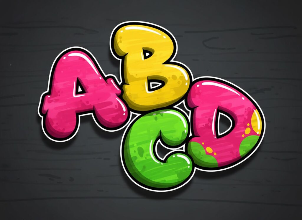Bubble graffiti alphabet font style letters A B C D with rounded inflated forms and vibrant colors