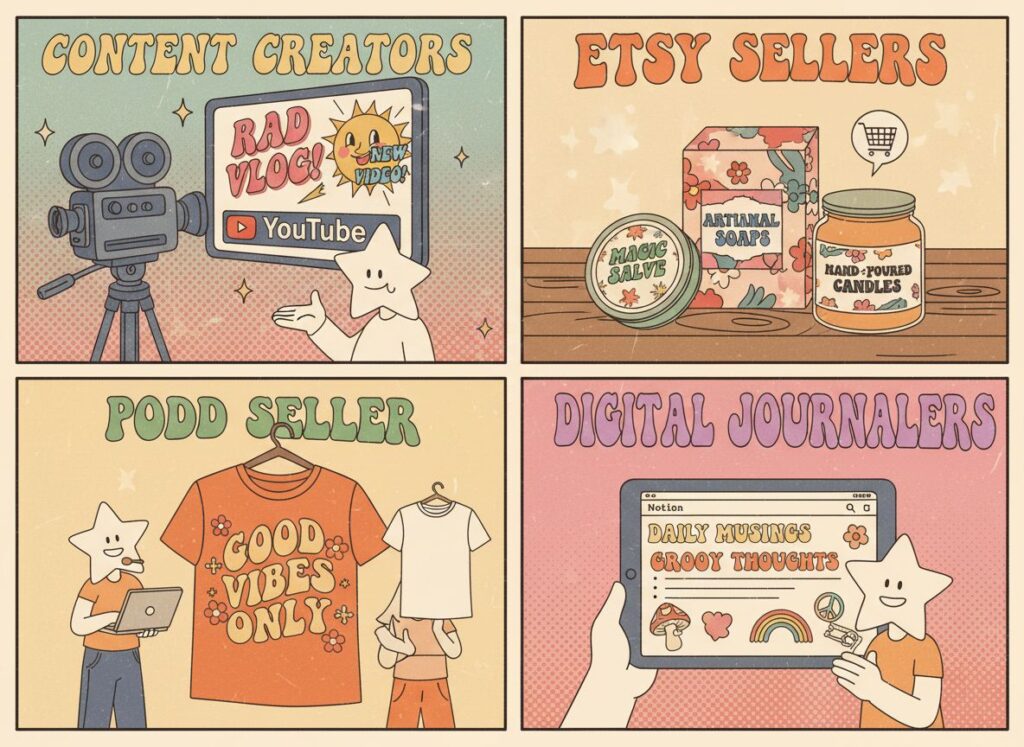 Four-panel illustration showing different users of retro style fonts