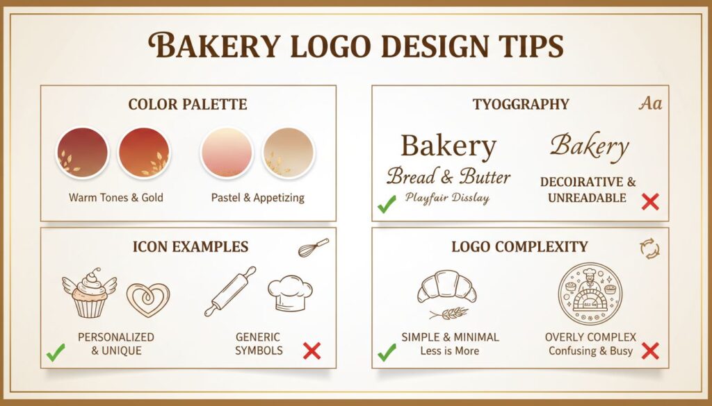 Helpful bakery logo ideas and best practices, illustrating the difference between simple, minimal icons like croissants and overly complex, busy designs.