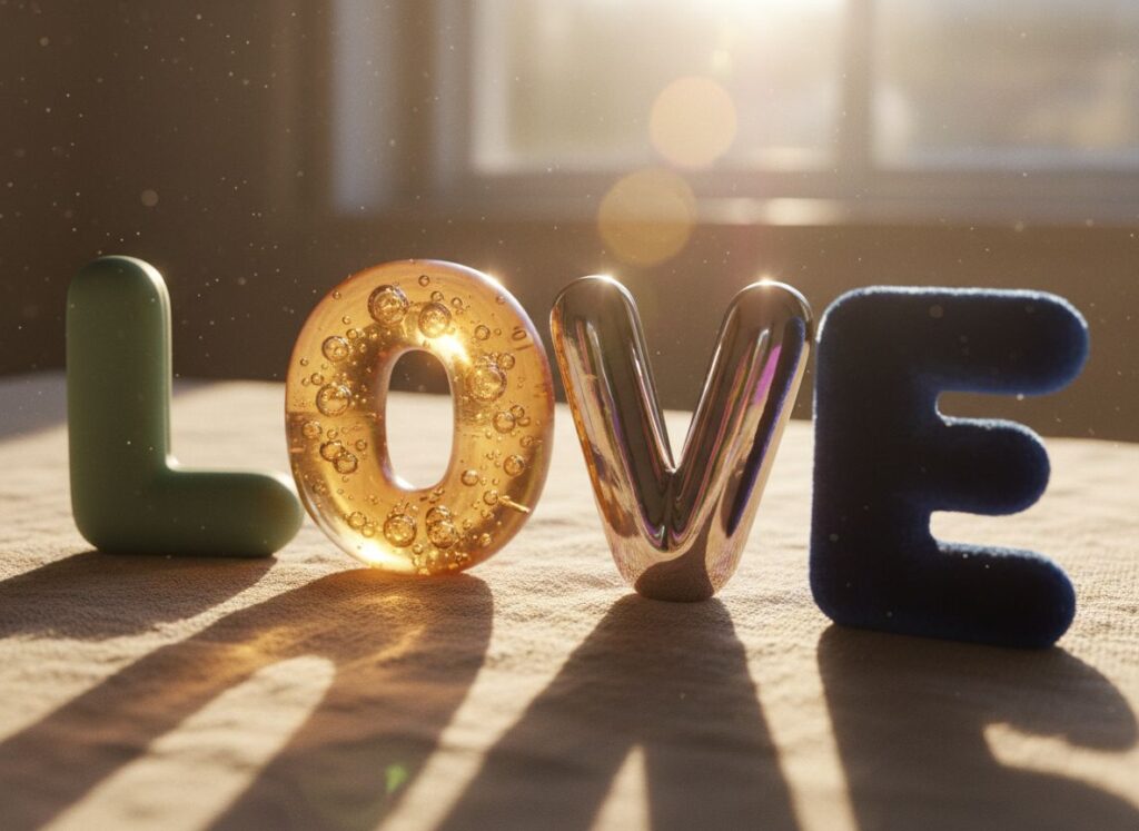 Multi-textured 3D bubble fonts with realistic material simulation.