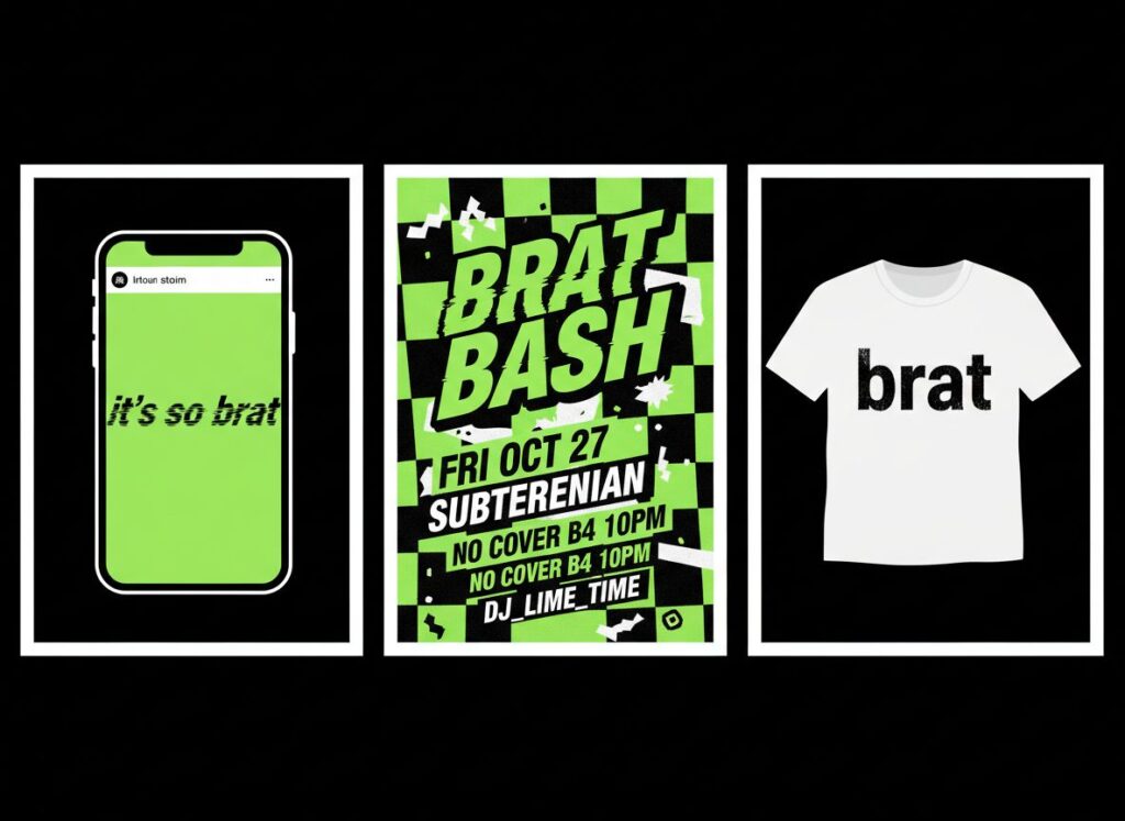 Three use case illustrations showing brat text font application