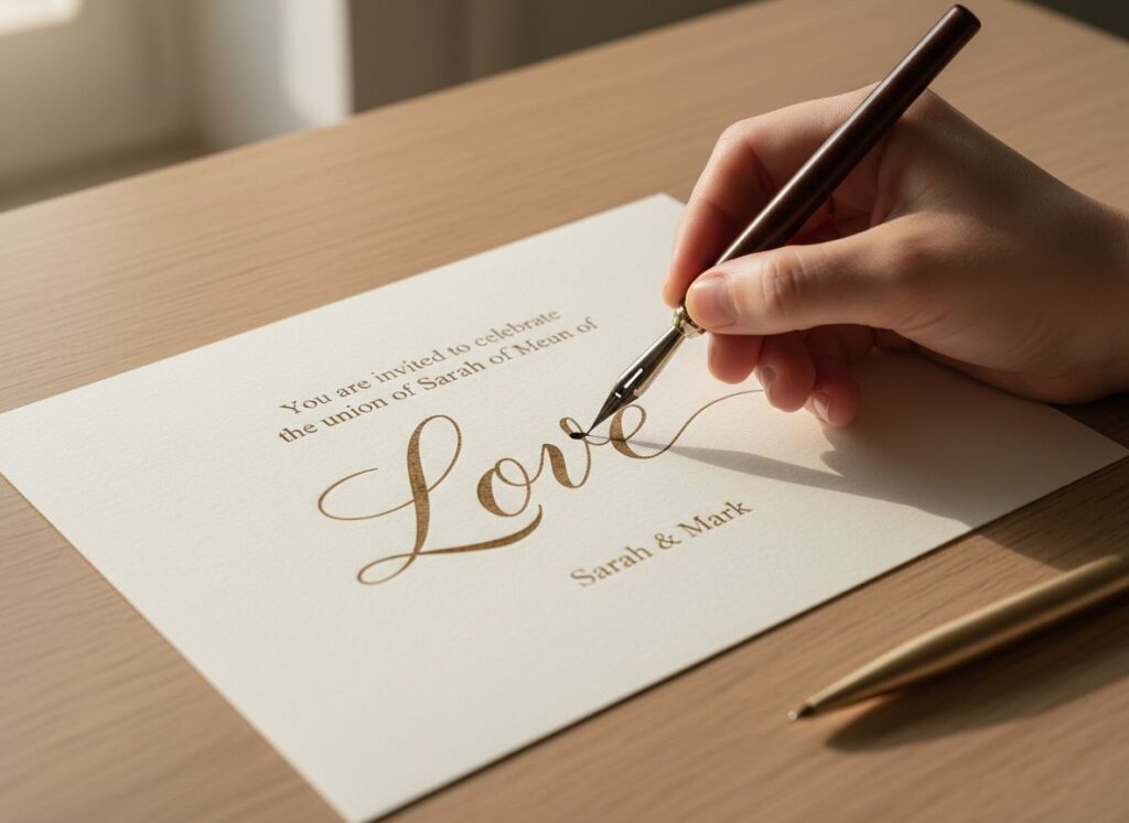 An AI-generated personalized wedding invitation font, featuring varying pen pressure on organic paper texture.