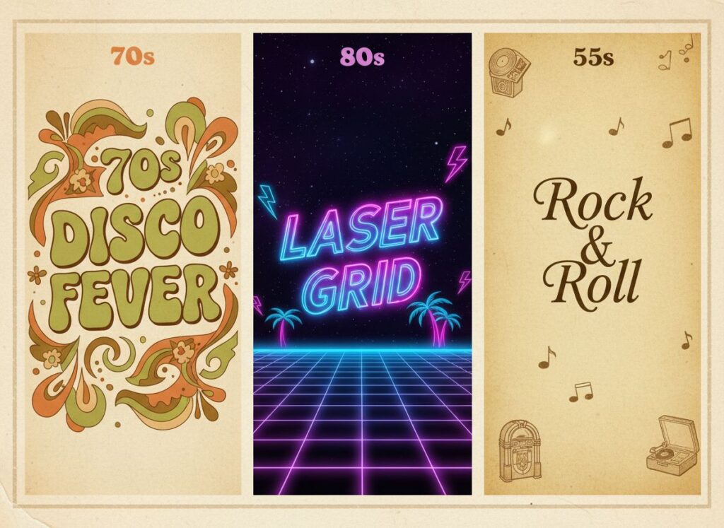 Three-panel comparison of retro style fonts from the 50s, 70s, and 80s 