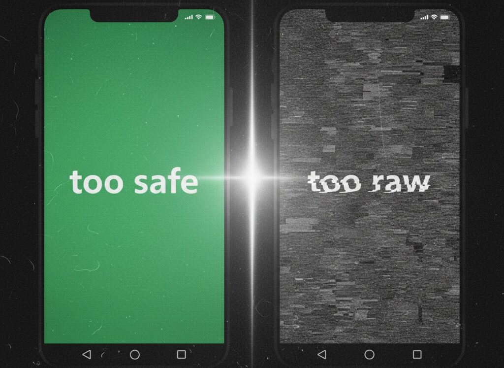 A split visual comparing neat, commercialized green design versus gritty, raw brat text font.