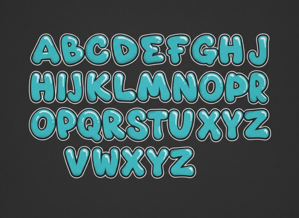 Complete A to Z bubble graffiti alphabet font reference sheet for custom design projects