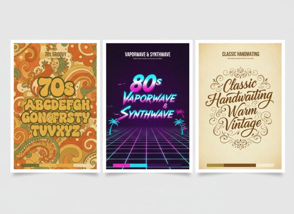 Mood board comparing three retro font style categories