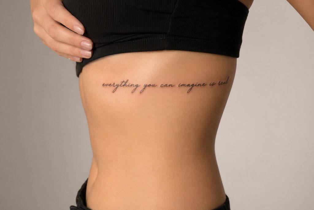 Modern clean script cursive tattoo on ribcage with sharp balanced lettering