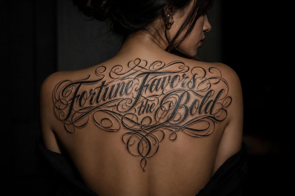 Ornate flourish cursive tattoo across upper back with decorative swash lettering