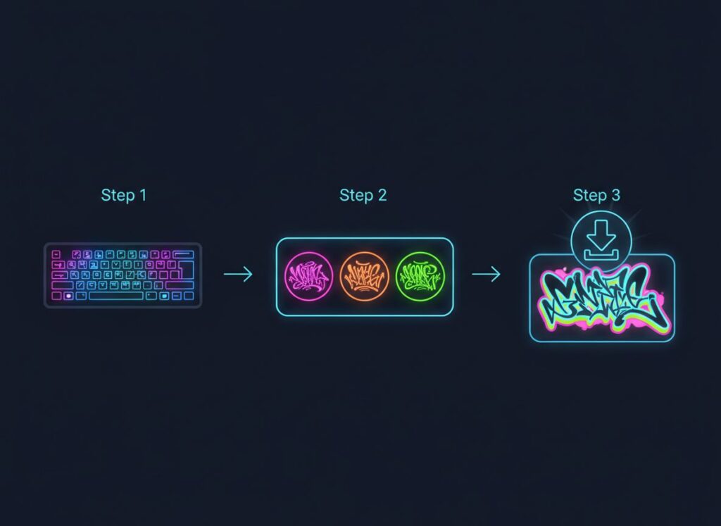 Three-step workflow illustration for generating a graffiti alphabet font online with no design skills