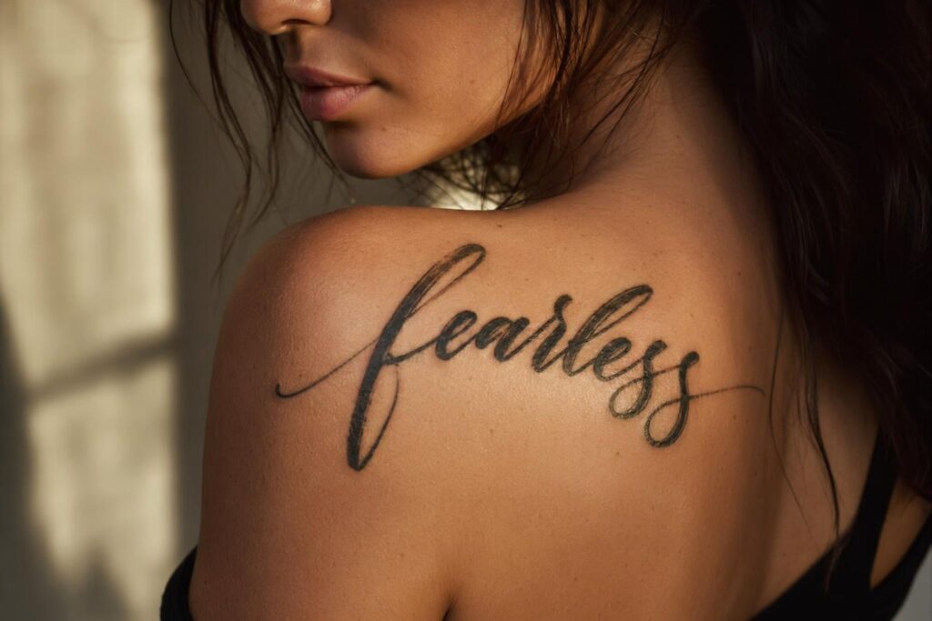Brush script cursive tattoo on shoulder with bold calligraphy-style strokes