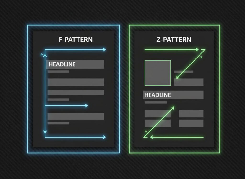 Visual comparison of F- and Z-Pattern layout structures for poster design