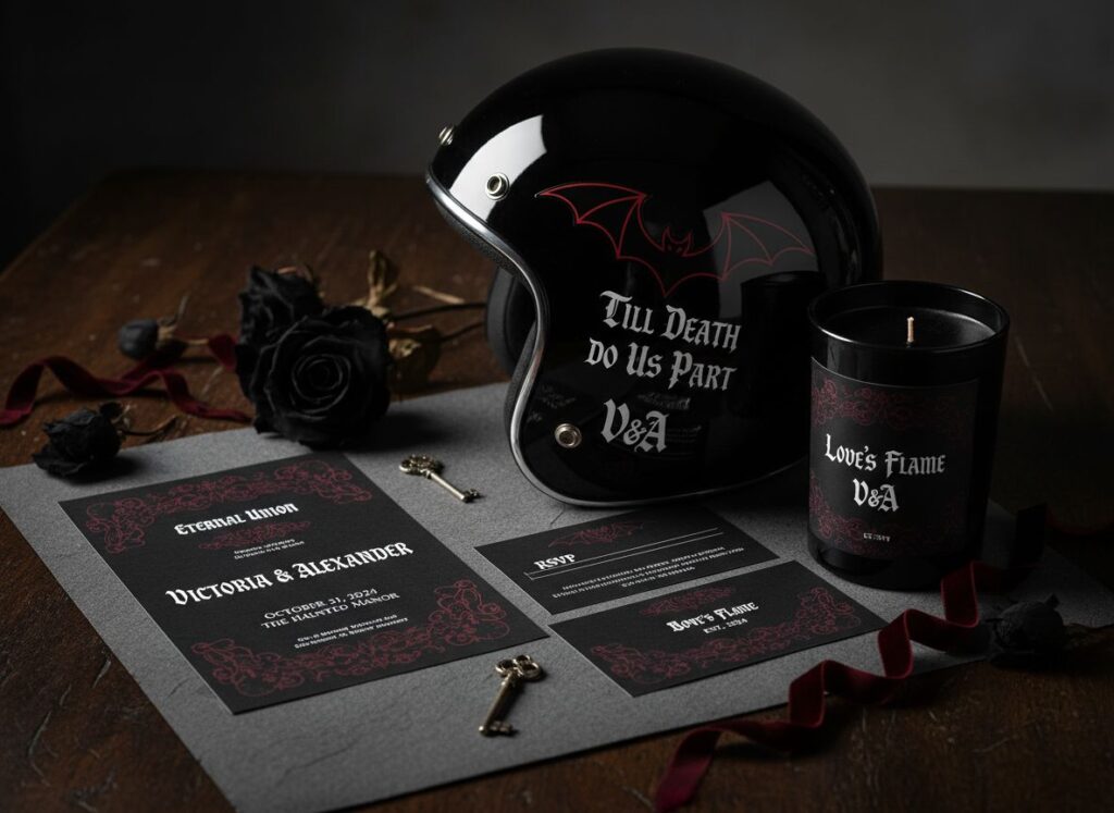 Unique gothic text styles printed sharply on wedding invitations, custom stickers