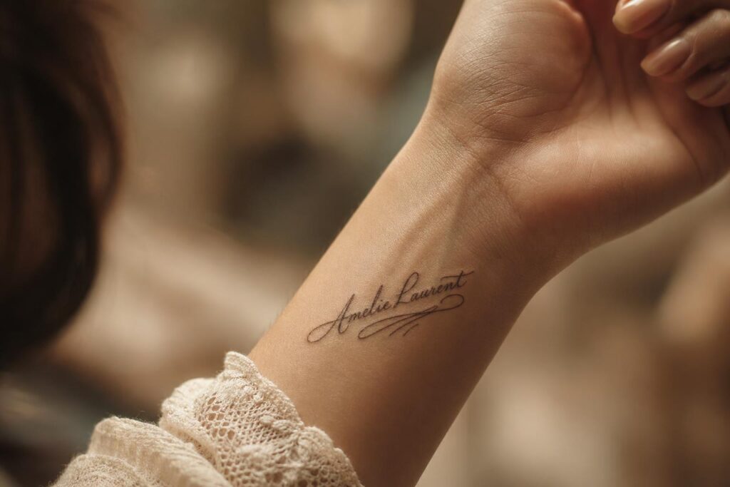 Vintage copperplate cursive signature tattoo on inner wrist with refined loops