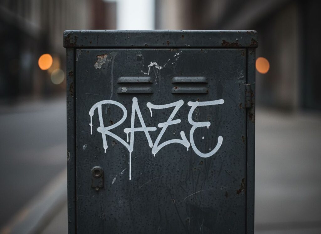 Tagging style graffiti alphabet font with dripping paint effects on an urban metal surface