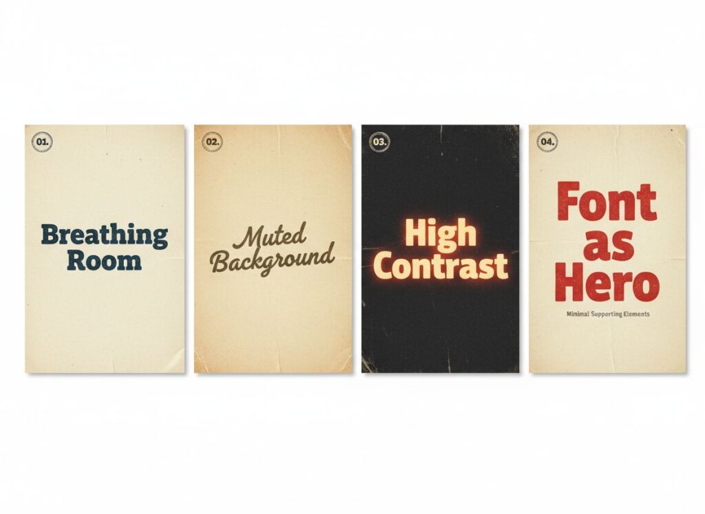 Four design tip cards demonstrating how to blend retro style fonts with modern backgrounds