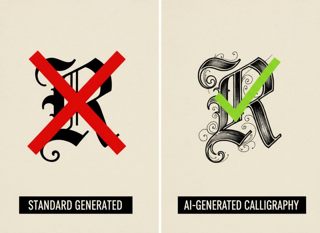 Comparison of a standard gothic font versus AI-generated unique gothic text styles