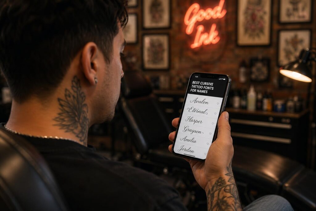 Choosing a cursive tattoo font on a phone.