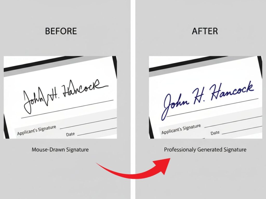 comparison between drawing a signature by mouse and using a signature generator