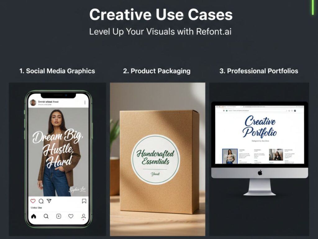 Real-world examples of social media, packaging, and portfolio designs enhanced by a professional calligraphy font generator.