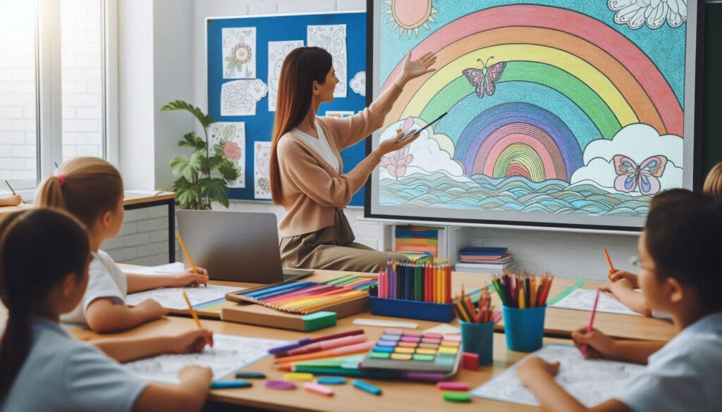 Teacher teaches color with rainbow coloring pages