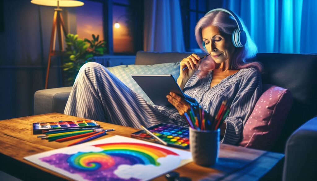 A woman relaxes with a rainbow coloring page