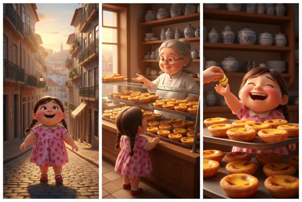 An animated little girl in various settings