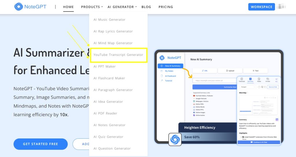 Step 2:Use NoteGPT to Automatically Summarize Videos Without Subtitles