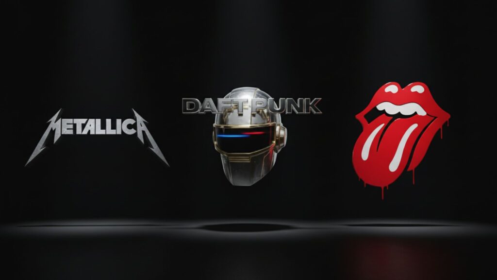 Analysis of iconic band logos for branding inspiration: Metallica's sharp symmetry, Daft Punk's metallic chrome, and the Rolling Stones' iconic pop-art symbol.
