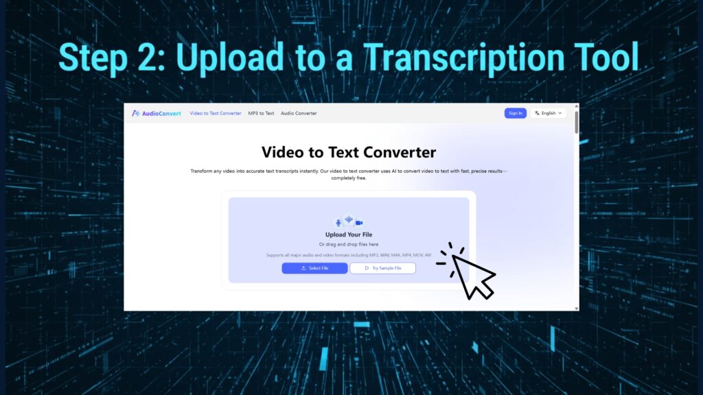 How to Transcribe Facebook Video to Text Easily? Step 2: Upload to a Transcription Tool--Audioconvert