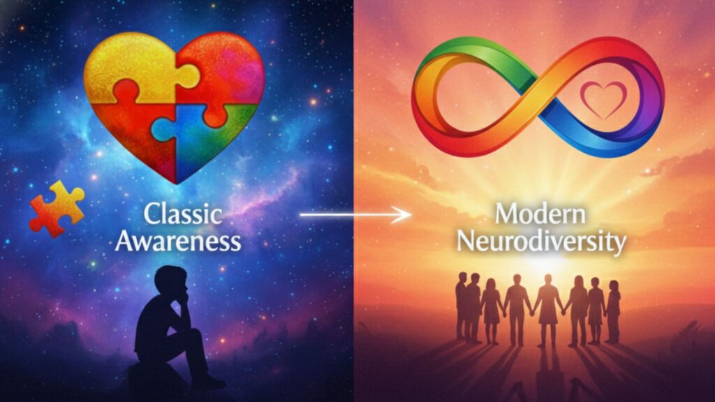 A side-by-side visual comparing the classic puzzle piece to the rainbow infinity symbol, showcasing modern autism awareness logo ideas that emphasize neurodiversity and acceptance.