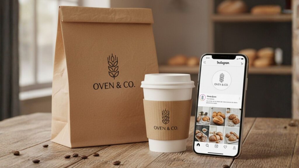 A comprehensive display of small bakery branding for "OVEN & CO.", featuring their logo on a brown paper takeout bag, a coffee cup sleeve, and a smartphone showing their Instagram profile on a rustic wooden table.