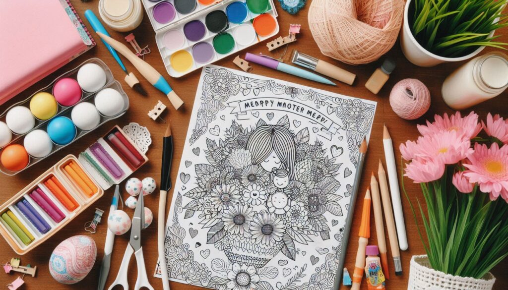 There are many materials for diy Mother's Day coloring pages on a table