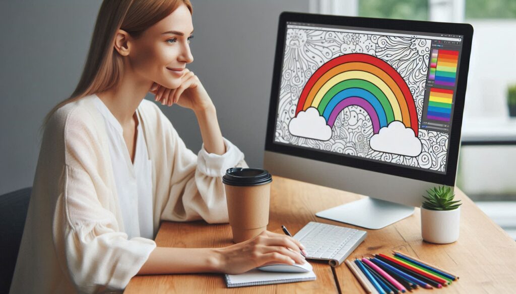 A girl sitting at her computer desk, waiting for an AI-generated rainbow coloring page
