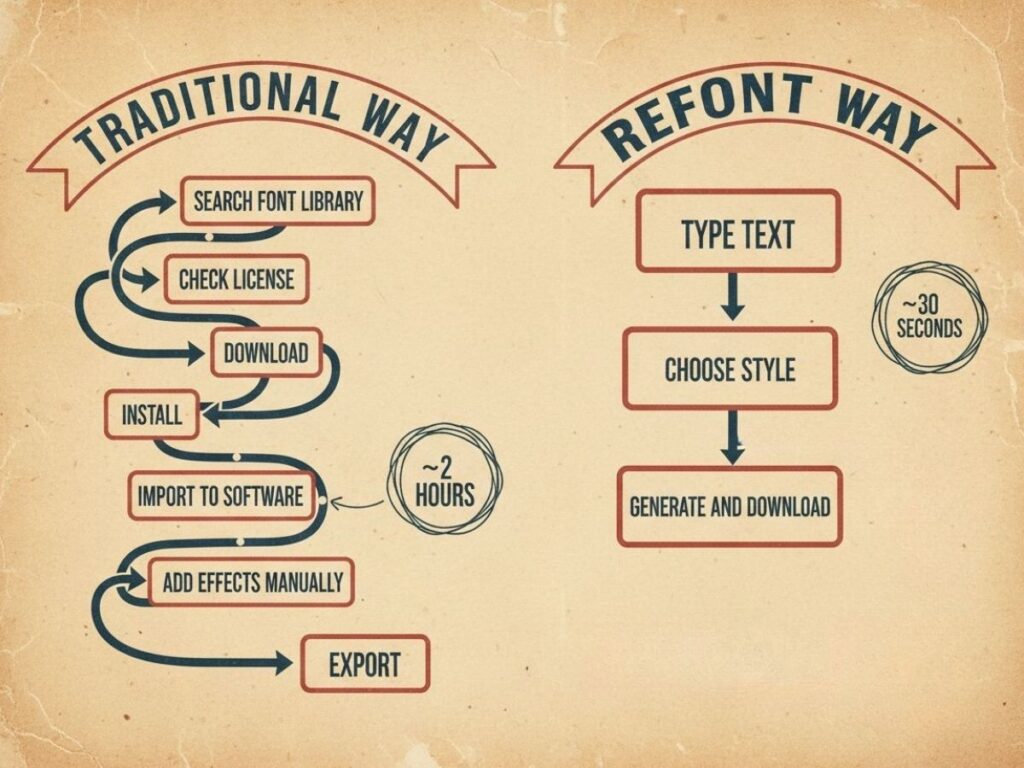 Infographic comparing traditional font design workflow versus Refont's three-step retro font generator