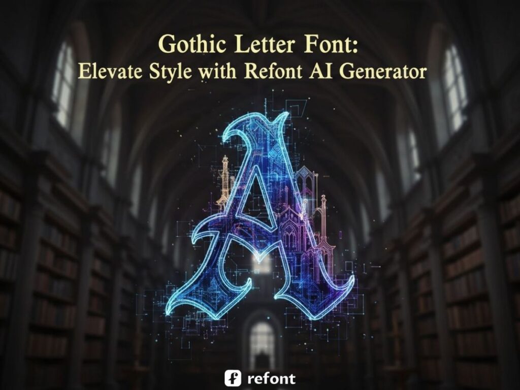 An intricate gothic letter font synthesized by glowing digital AI light code.