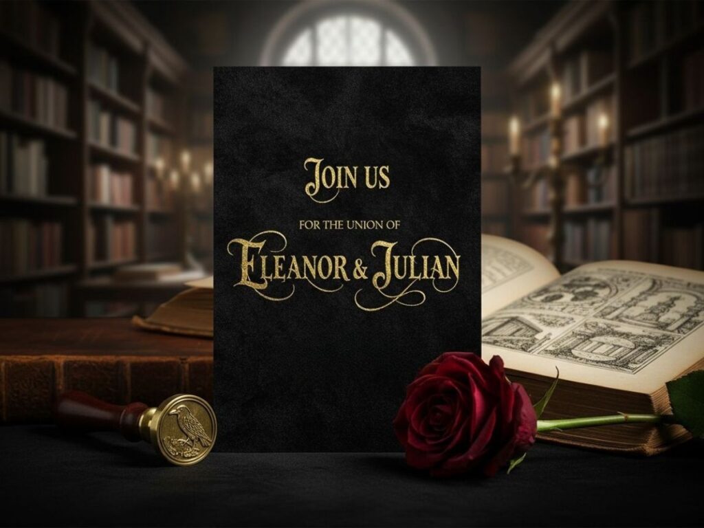 A dramatic Dark Academia themed wedding invitation fonts.