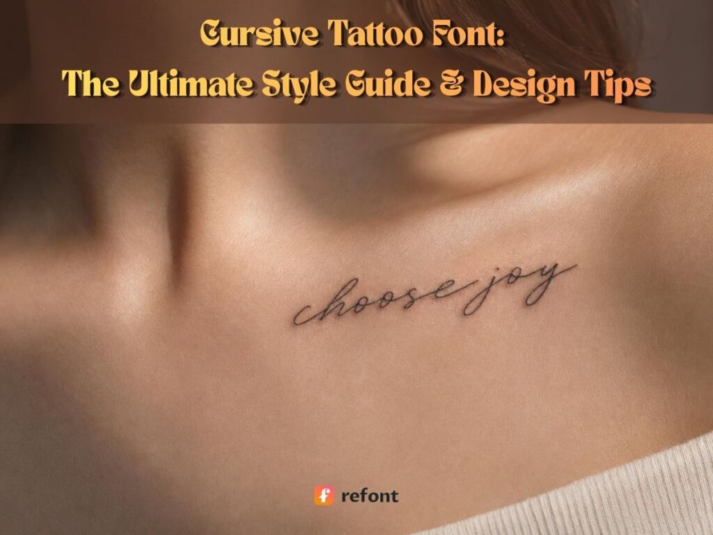 Fine line cursive tattoo font on woman's collarbone.